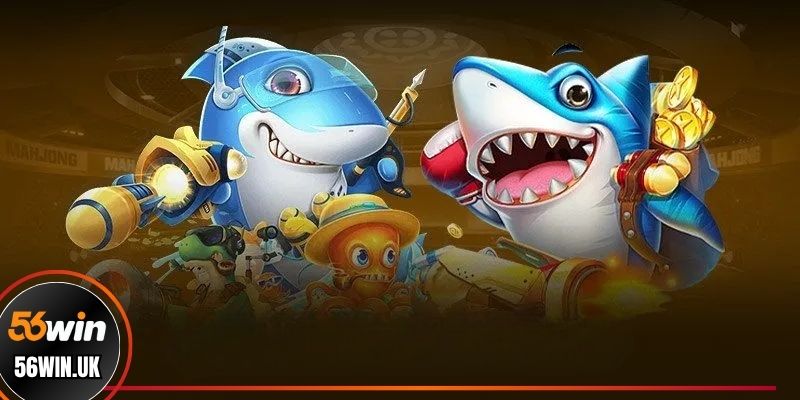 Màn hình game bắn cá vàng với đàn sinh vật đủ màu sắc bơi lội