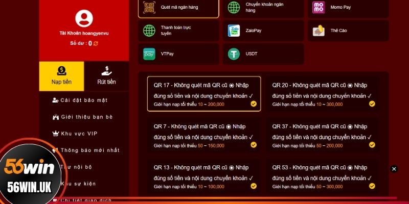 Tổng quan về cách nạp tiền 56win